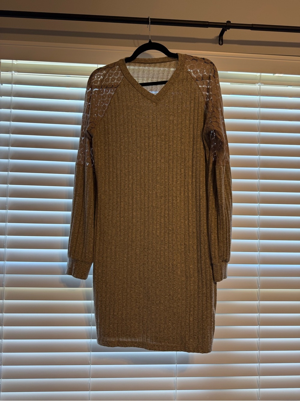 Cupshe Camel Ribbed V-Neck Long Sleeve Dress with Sheer Shoulder Panels